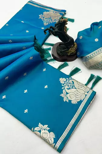 Sky blue banarasi silk saree with swan zari motifs & designer pallu