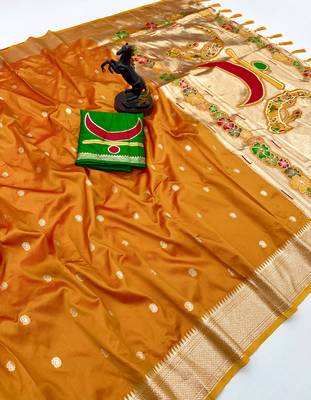 Yellow paithani silk saree with zari motifs & kadiyal border 1