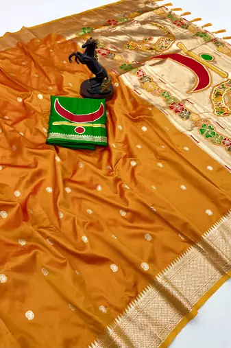 Yellow paithani silk saree with zari motifs & kadiyal border