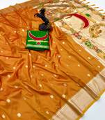 Yellow paithani silk saree with zari motifs & kadiyal border