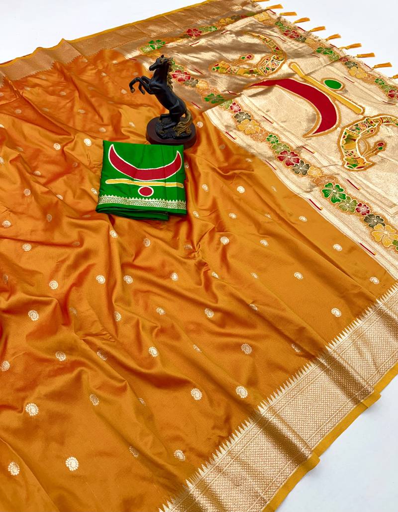 Yellow paithani silk saree with zari motifs & kadiyal border