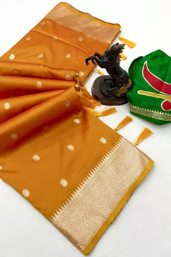 Yellow paithani silk saree with zari motifs & kadiyal border
