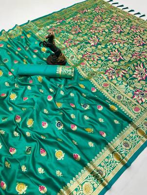Light green banarasi satin mashroo silk saree with multicolor zari motifs 1