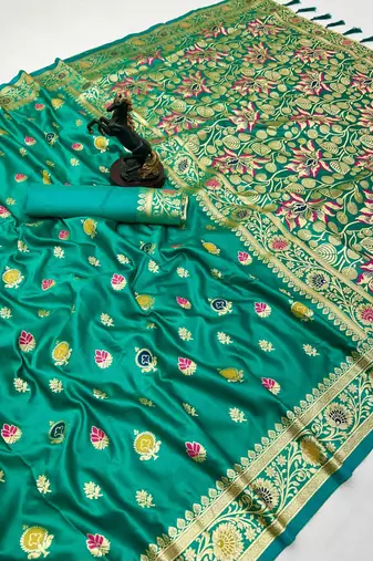 Light green banarasi satin mashroo silk saree with multicolor zari motifs
