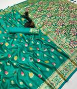 Light green banarasi satin mashroo silk saree with multicolor zari motifs