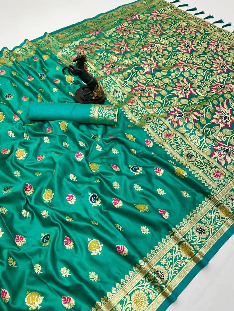Light green banarasi satin mashroo silk saree with multicolor zari motifs