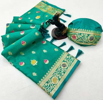 Light green banarasi satin mashroo silk saree with multicolor zari motifs 2