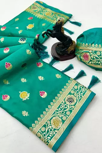 Light green banarasi satin mashroo silk saree with multicolor zari motifs