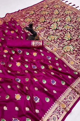 Wine banarasi satin mashroo silk saree with multicolor zari motifs