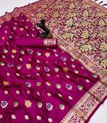 Wine banarasi satin mashroo silk saree with multicolor zari motifs