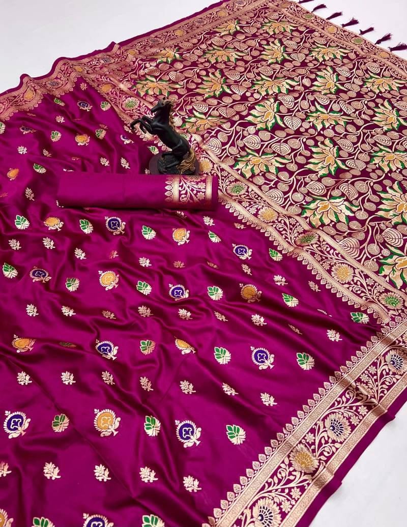 Wine banarasi satin mashroo silk saree with multicolor zari motifs