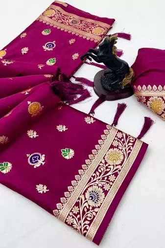 Wine banarasi satin mashroo silk saree with multicolor zari motifs
