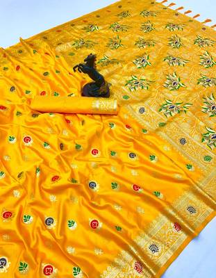Yellow banarasi satin mashroo silk saree with multicolor zari motifs 1
