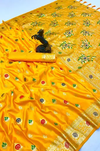 Yellow banarasi satin mashroo silk saree with multicolor zari motifs