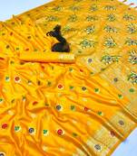 Yellow banarasi satin mashroo silk saree with multicolor zari motifs