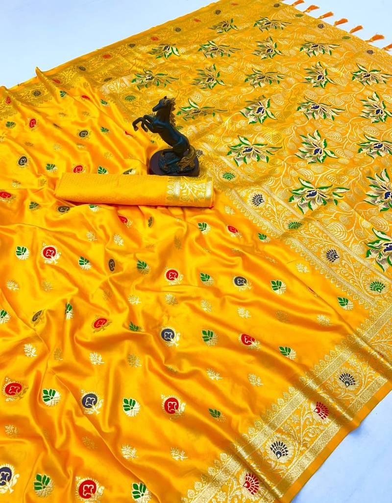 Yellow banarasi satin mashroo silk saree with multicolor zari motifs