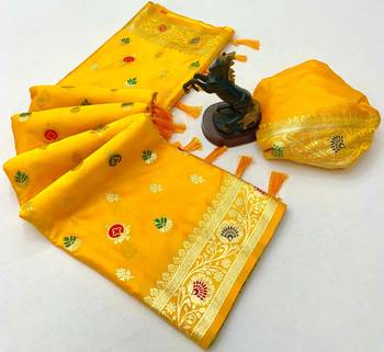 Yellow banarasi satin mashroo silk saree with multicolor zari motifs 2