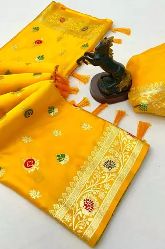 Yellow banarasi satin mashroo silk saree with multicolor zari motifs