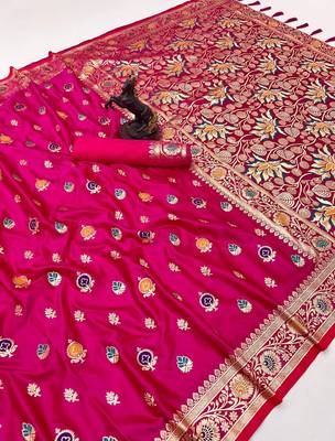 Pink banarasi satin mashroo silk saree with multicolor zari motifs 1