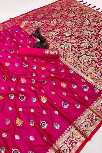 Pink banarasi satin mashroo silk saree with multicolor zari motifs