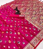Pink banarasi satin mashroo silk saree with multicolor zari motifs