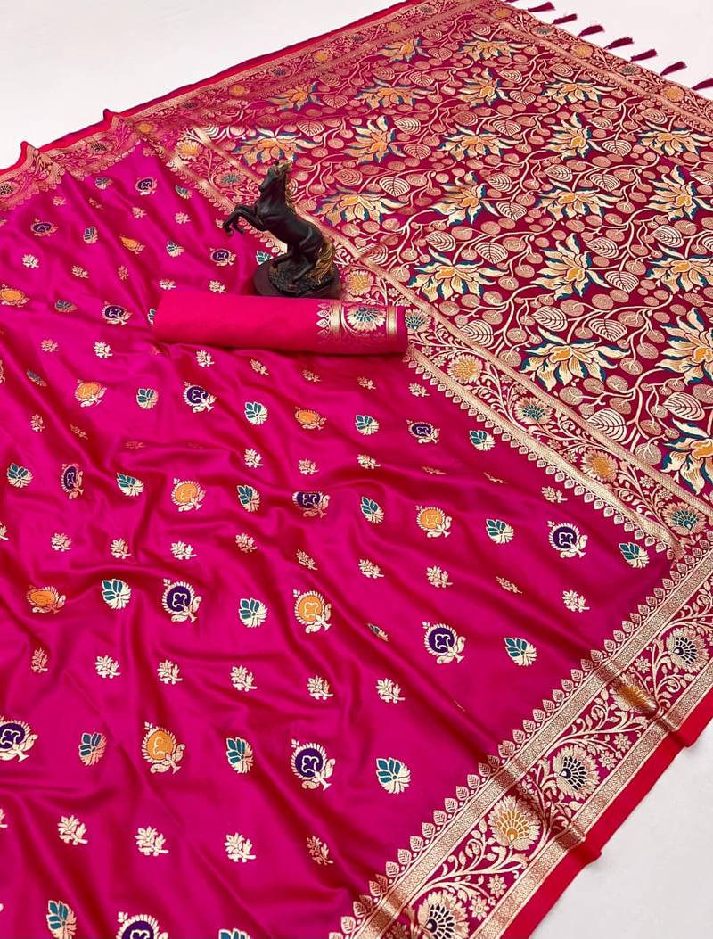 Pink banarasi satin mashroo silk saree with multicolor zari motifs