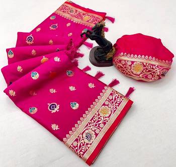 Pink banarasi satin mashroo silk saree with multicolor zari motifs 2