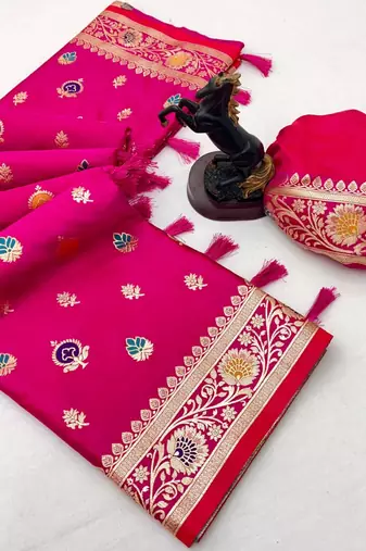 Pink banarasi satin mashroo silk saree with multicolor zari motifs