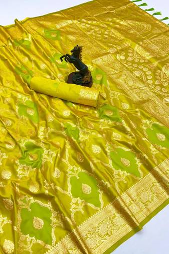 Lemon banarasi satin mashroo silk saree with multicolor zari motifs