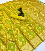 Lemon banarasi satin mashroo silk saree with multicolor zari motifs