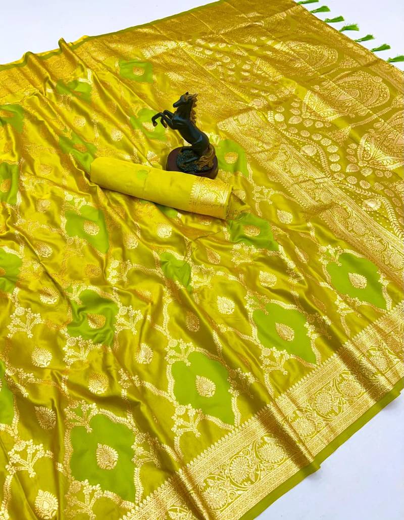 Lemon banarasi satin mashroo silk saree with multicolor zari motifs