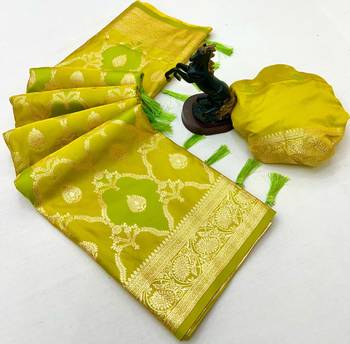 Lemon banarasi satin mashroo silk saree with multicolor zari motifs 2