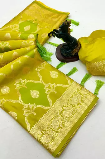 Lemon banarasi satin mashroo silk saree with multicolor zari motifs