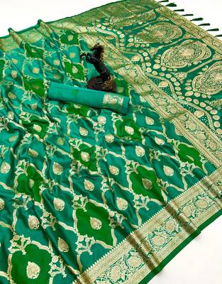 Green banarasi satin mashroo silk saree with multicolor zari motifs 1