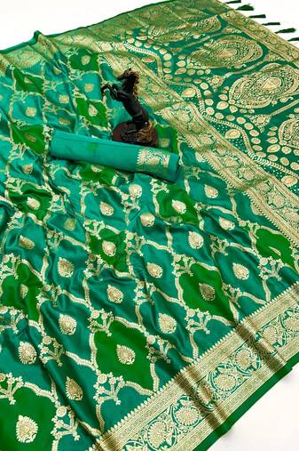 Green banarasi satin mashroo silk saree with multicolor zari motifs