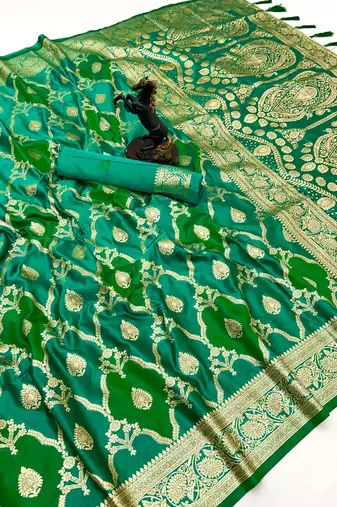 Green banarasi satin mashroo silk saree with multicolor zari motifs