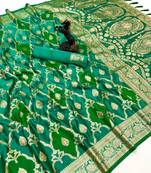 Green banarasi satin mashroo silk saree with multicolor zari motifs