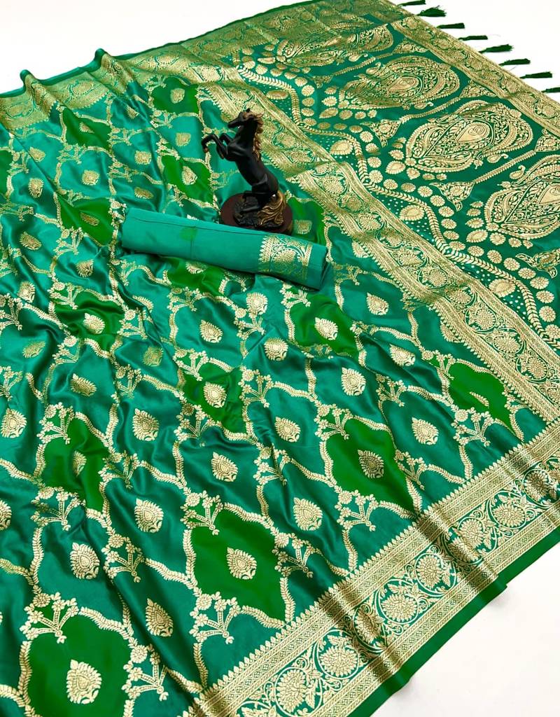 Green banarasi satin mashroo silk saree with multicolor zari motifs