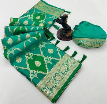 Green banarasi satin mashroo silk saree with multicolor zari motifs 2