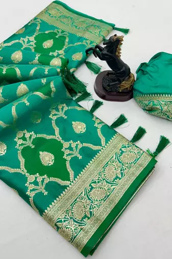 Green banarasi satin mashroo silk saree with multicolor zari motifs