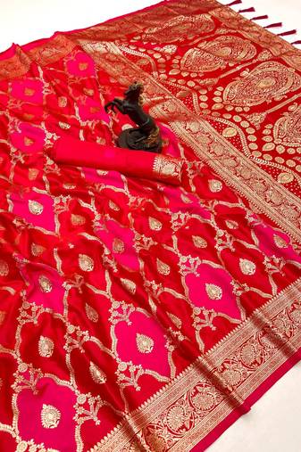 Hot pink banarasi satin mashroo silk saree with multicolor zari motifs