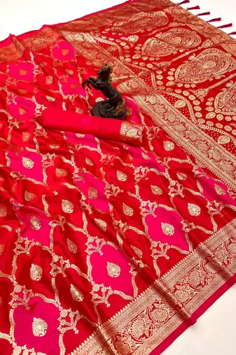 Hot pink banarasi satin mashroo silk saree with multicolor zari motifs