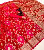 Hot pink banarasi satin mashroo silk saree with multicolor zari motifs