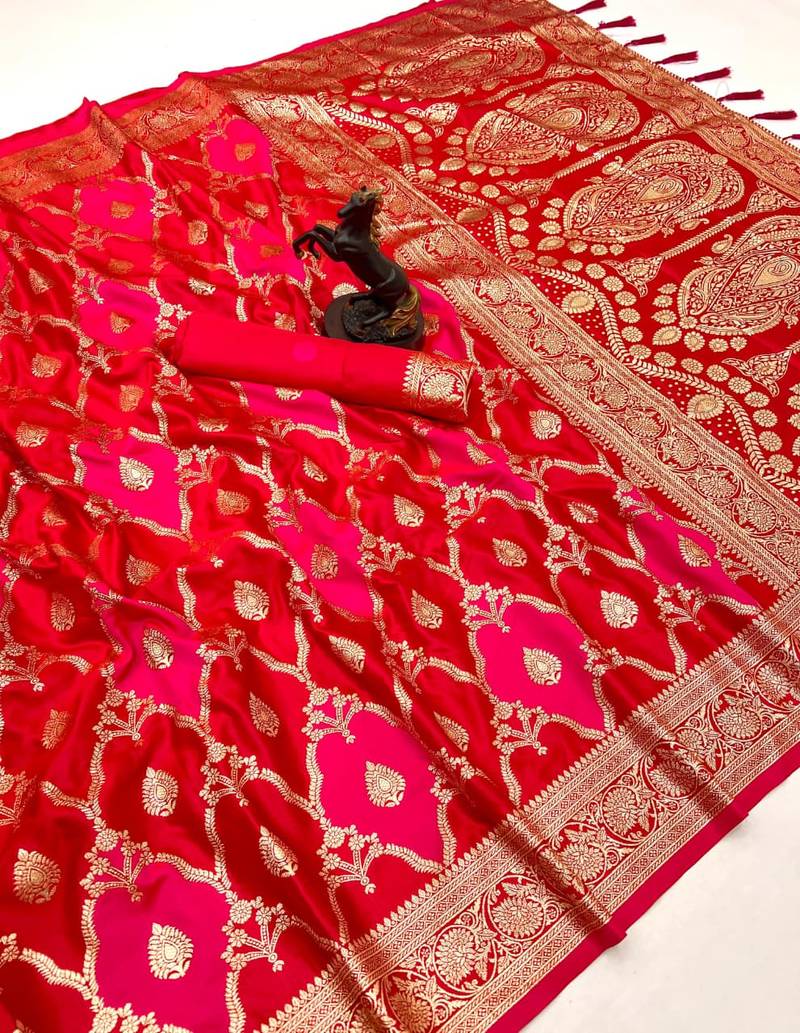 Hot pink banarasi satin mashroo silk saree with multicolor zari motifs