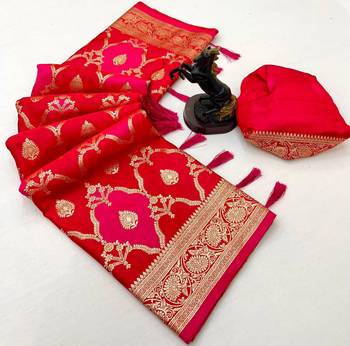 Hot pink banarasi satin mashroo silk saree with multicolor zari motifs 2