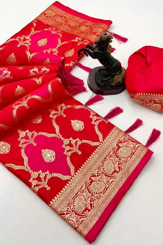 Hot pink banarasi satin mashroo silk saree with multicolor zari motifs