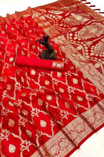 Red banarasi satin mashroo silk saree with multicolor zari motifs