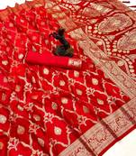 Red banarasi satin mashroo silk saree with multicolor zari motifs