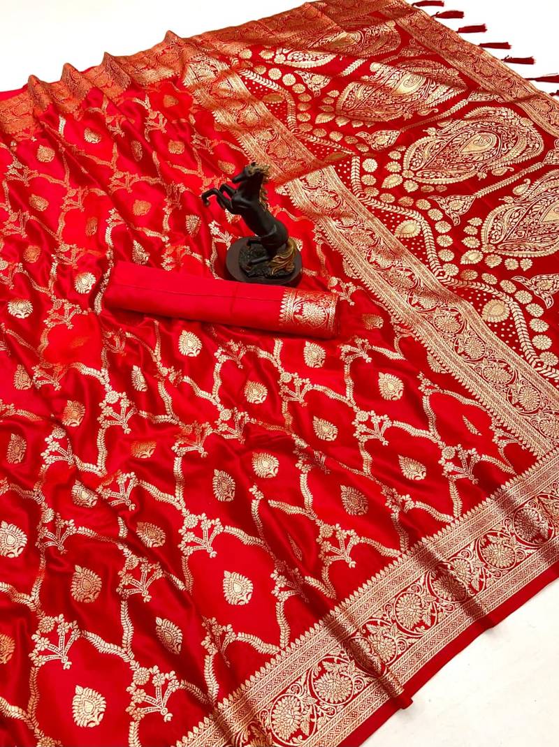 Red banarasi satin mashroo silk saree with multicolor zari motifs