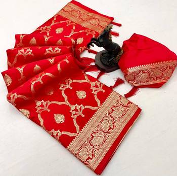 Red banarasi satin mashroo silk saree with multicolor zari motifs 2